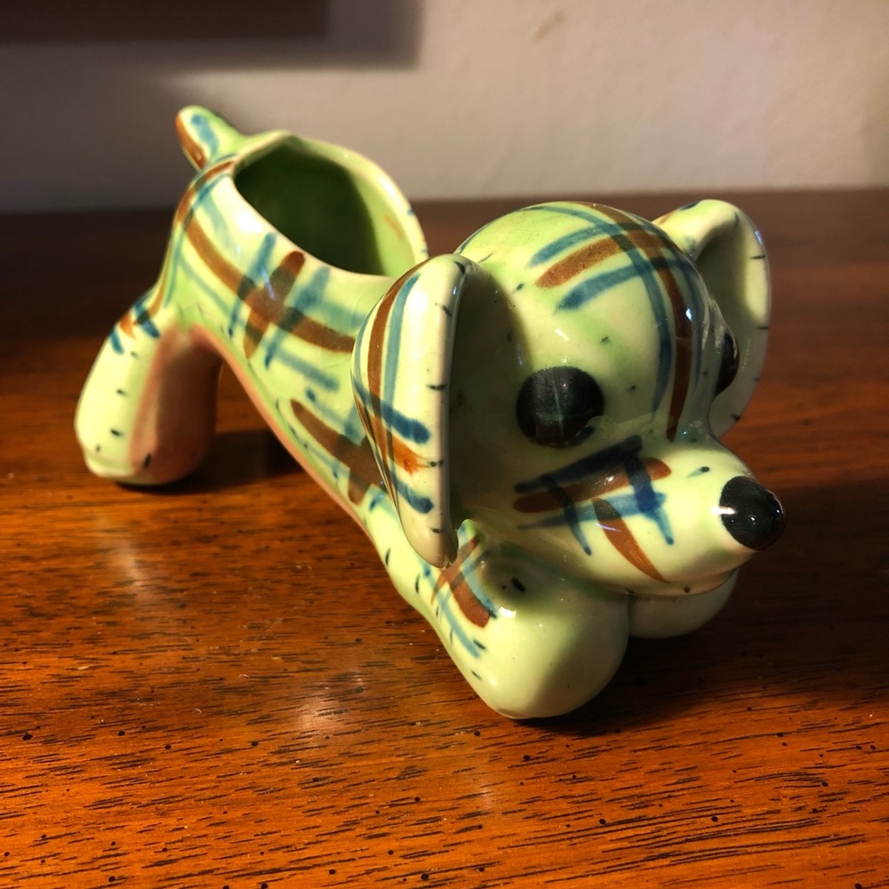 Vintage Made in Japan Small Green Plaid Stretching Dog Ceramic Planter